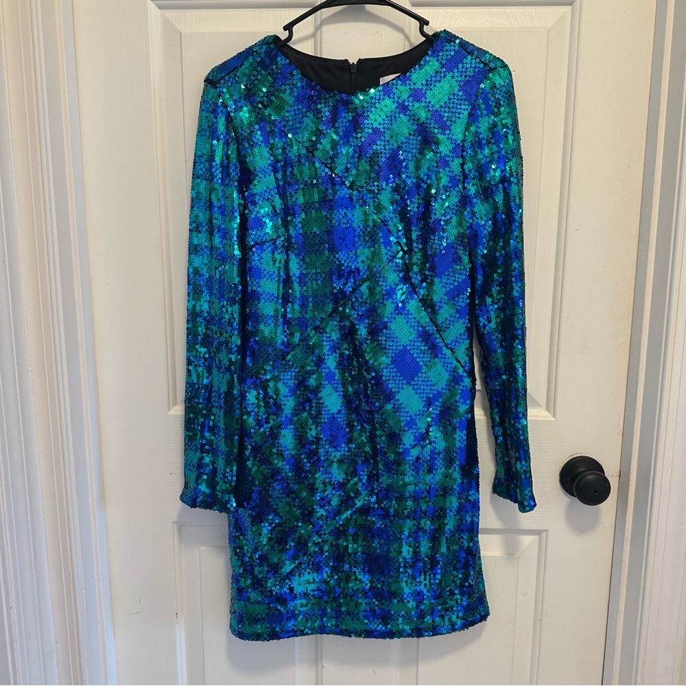 Sho Cyndi Green and Blue Plaid Sequin Sheath Long Sleeve Dress Size Medium - Picture 2 of 7